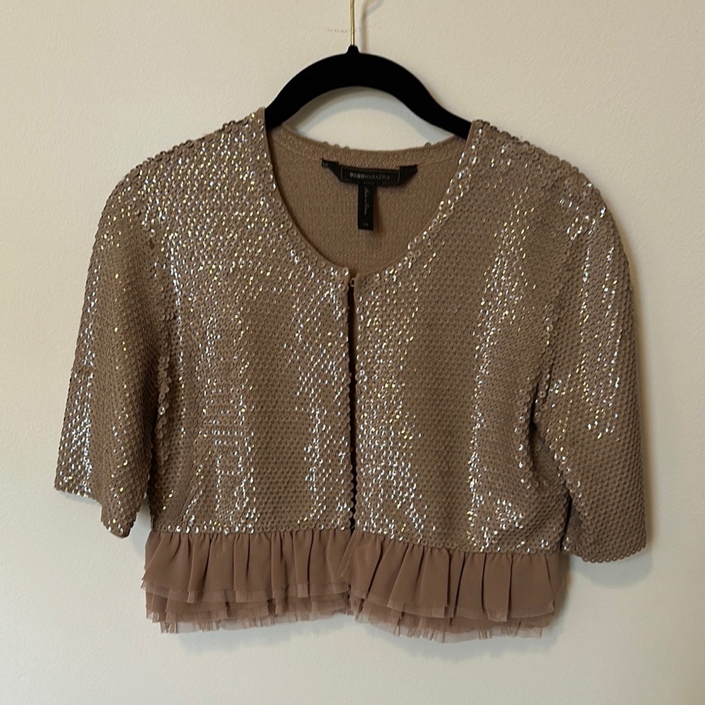 BCBG Maxaroa Sequin Cropped Jacket with Ruffle Hem xs Taupe